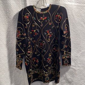 Vintage Destinee black sweater dress rhinestones sequins bling